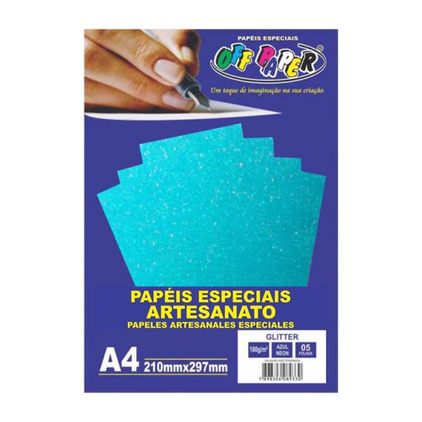 Papel Glitter A4 180g Azul Neon C/5 Folhas Off Paper