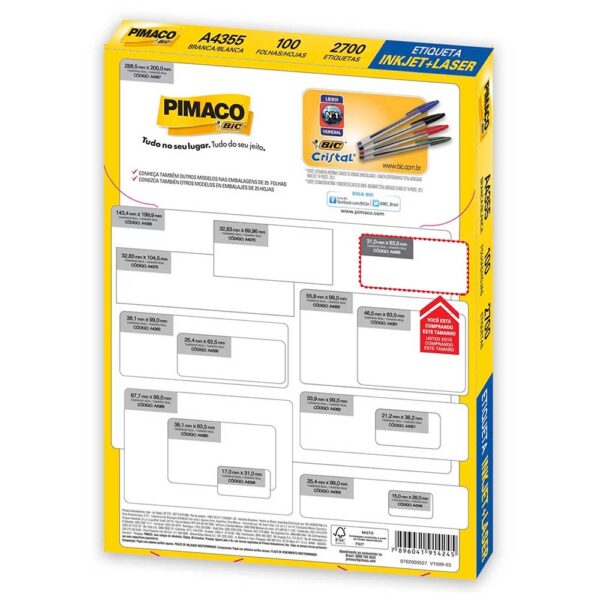 Etiqueta Ink-jet/laser A4 31,0X63,5mm A4355 Pimaco PT/2700 - Image 2