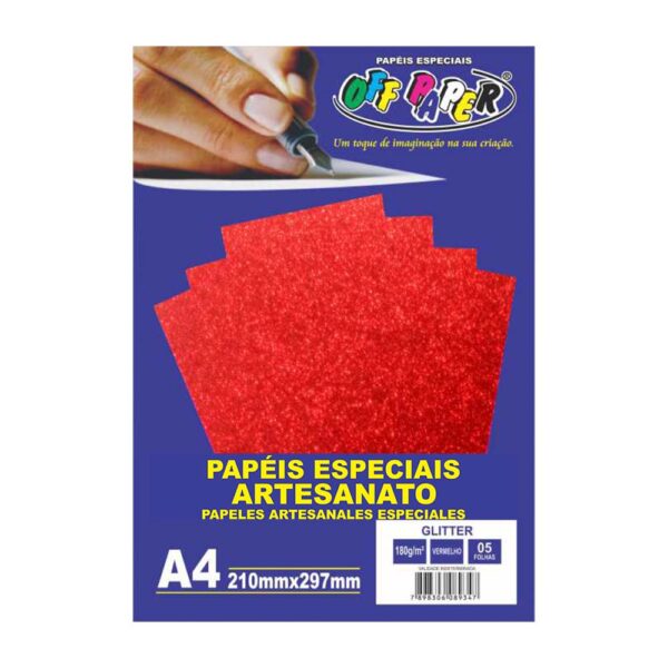 Papel Glitter A4 180g Vermelho C/5 Folhas Off Paper