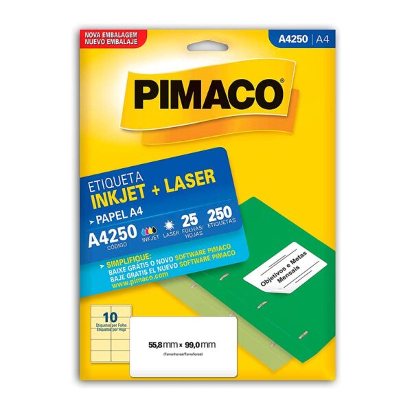 Etiqueta Ink-jet/laser A4 55,8X99,0mm A4250 Pimaco PT/250