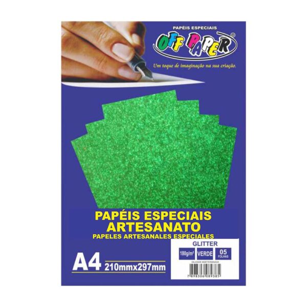 Papel Glitter A4 180g Verde C/5 Folhas Off Paper