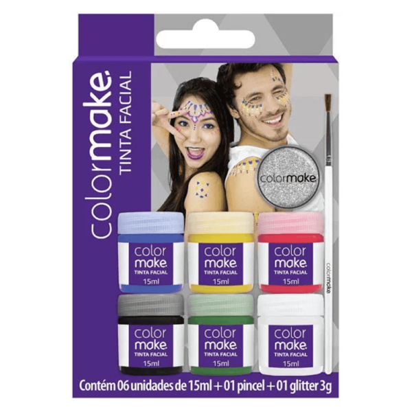 Tinta Facial 6 Cores 15ml C/ Pincel e Glitter Colormake