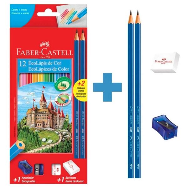 Lápis de Cor 12 Cores + 2 Lápis Grafite + Apontador + Borracha Faber-Castell