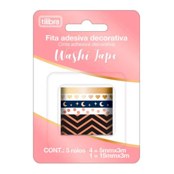 Fita Adesiva Washi Tape Decorativa com 05 Rolos Tilibra