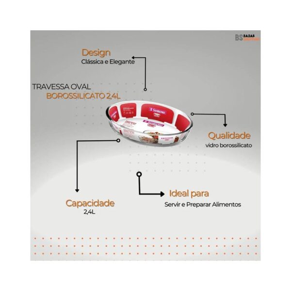 Assadeira De Vidro Travessa Borossilicato Oval 2,4L Sanremo - Image 5