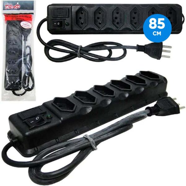 Extensão Elétrica 85Cm Com 6 Tomadas Tripolar Bivolt Cabo Preto Drap