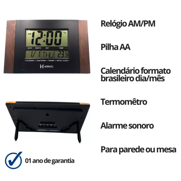 Relógio De Parede Mesa Digital com Calendário e Tempertura Imbuia Herweg - Image 2