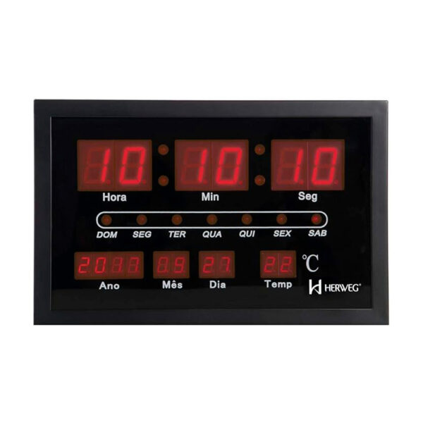 Relógio de Parede Digital 30cm Led Vermelho Calendário e Temperatura Herweg